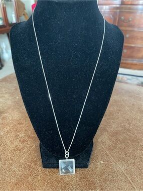 Vintage Clear Quartz or Rock Crystal Silver Square Pendant w 925  22 in Necklace